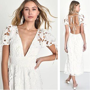 Lulu's Flourishing Blossoms 3D Floral Lace Backless Midi Dress w/Puff Sleeves